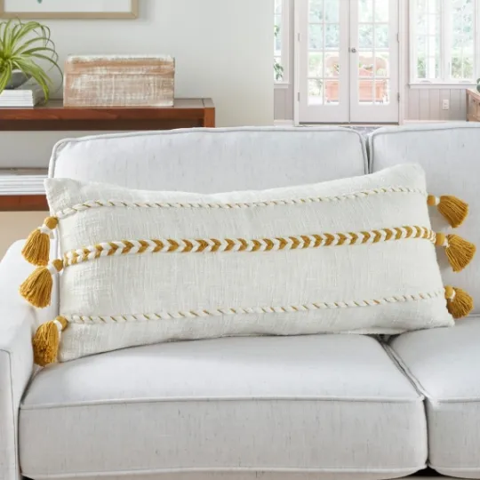 Kirkland's Home White And Mustard Braided Stripe Lumbar Pillow- Pillows