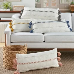 Kirkland's Home White And Mustard Braided Stripe Lumbar Pillow- Pillows