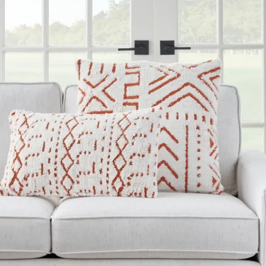Kirkland's Home White And Orange Tufted Geo Lumbar Pillow- Pillows