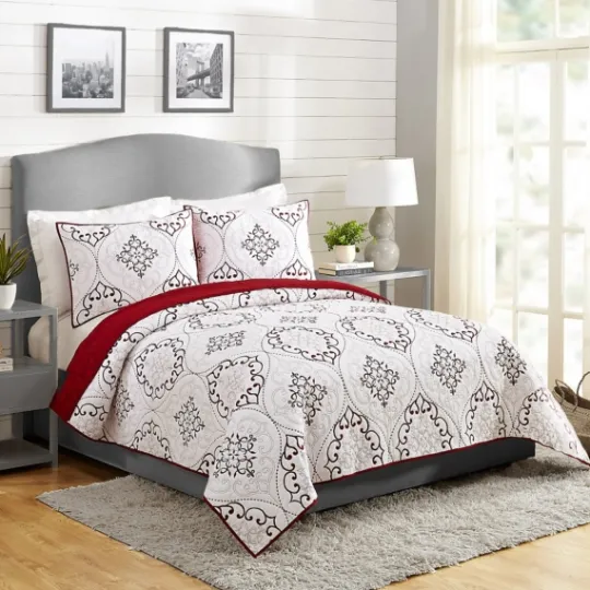 Kirkland's Home White And Red Pattern 3-Pc. King Quilt Set- Quilts