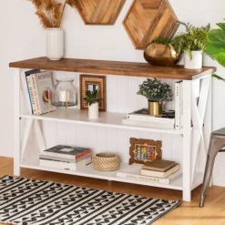 Kirkland's Home White And Rustic Oak Wood Farmhouse Console Table- Console Tables