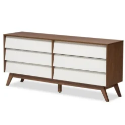 Kirkland's Home White And Walnut Mid-Century 6-Drawer Dresser- Dressers & Chests