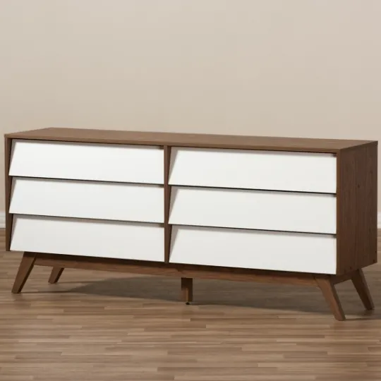 Kirkland's Home White And Walnut Mid-Century 6-Drawer Dresser- Dressers & Chests