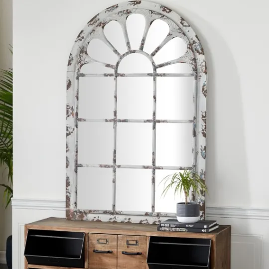 Kirkland's Home White Brown Rustic Window Iron Frame Wall Mirror- Decorative Mirrors