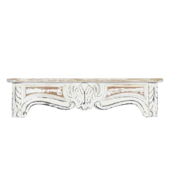 Kirkland's Home White Distressed Carved Wood Acanthus Wall Shelf- Shelves