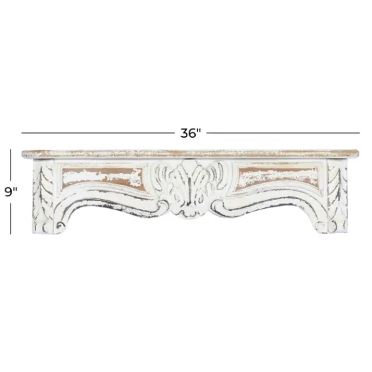 Kirkland's Home White Distressed Carved Wood Acanthus Wall Shelf- Shelves