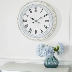 Kirkland's Home White Distressed Wood Round Beaded Wall Clock- Clocks