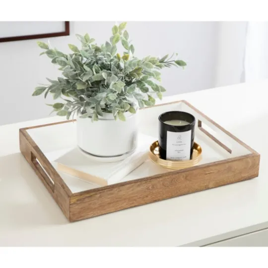 Kirkland's Home White Enameled Rectangle Mango Wood Tray- Decorative Trays