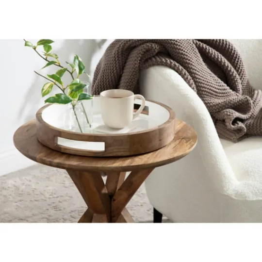 Kirkland's Home White Enameled Round Mango Wood Tray- Decorative Trays
