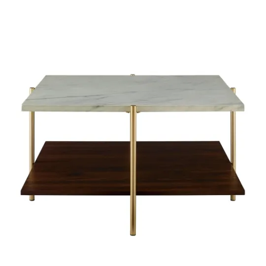Kirkland's Home White Faux Marble And Brown Wood Coffee Table- Coffee Tables
