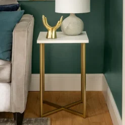 Kirkland's Home White Faux Marble And Gold X-Base Accent Table- Accent & End Tables