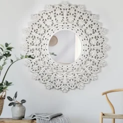 Kirkland's Home White Handcarved Mandala Circle Wall Mirror- Decorative Mirrors