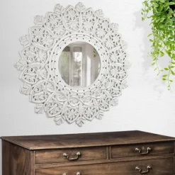 Kirkland's Home White Handcarved Mandala Circle Wall Mirror- Decorative Mirrors