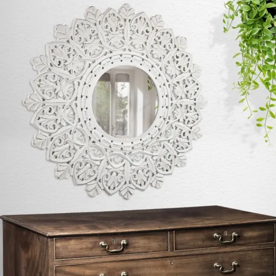 Kirkland's Home White Handcarved Mandala Circle Wall Mirror- Decorative Mirrors