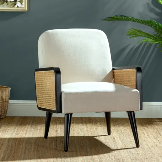 Kirkland's Home White Linen And Rattan Accent Chair- Accent Chairs
