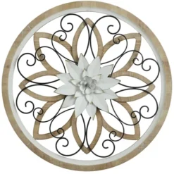 Kirkland's Home White Metal And Wood Floral Round Wall Plaque- Wall Plaques