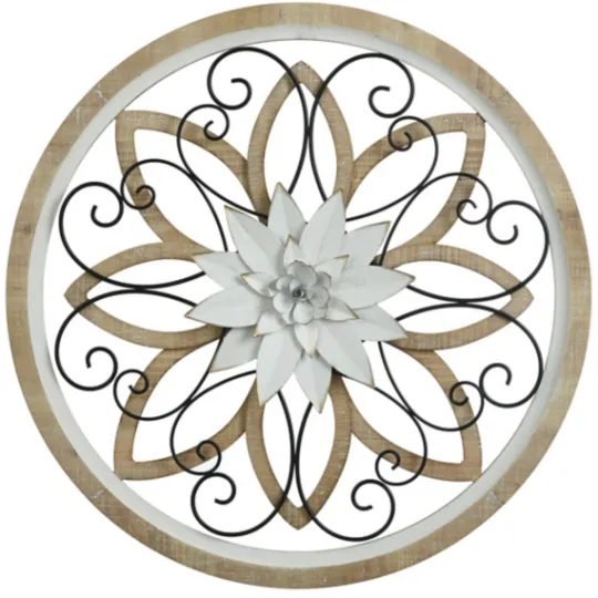 Kirkland's Home White Metal And Wood Floral Round Wall Plaque- Wall Plaques