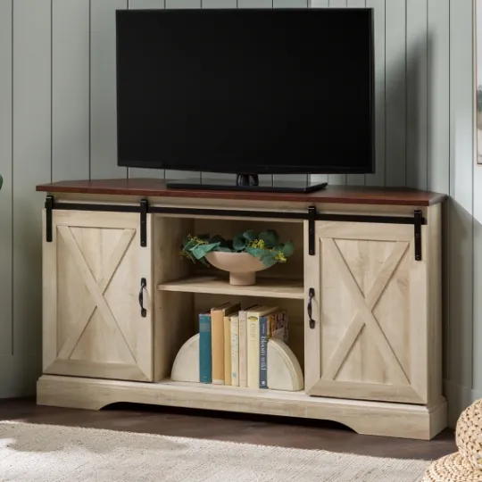 Kirkland's Home White Oak Sliding Barn Doors Corner Tv Stand- Tv Stands & Media Consoles