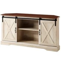 Kirkland's Home White Oak Sliding Barn Doors Corner Tv Stand- Tv Stands & Media Consoles