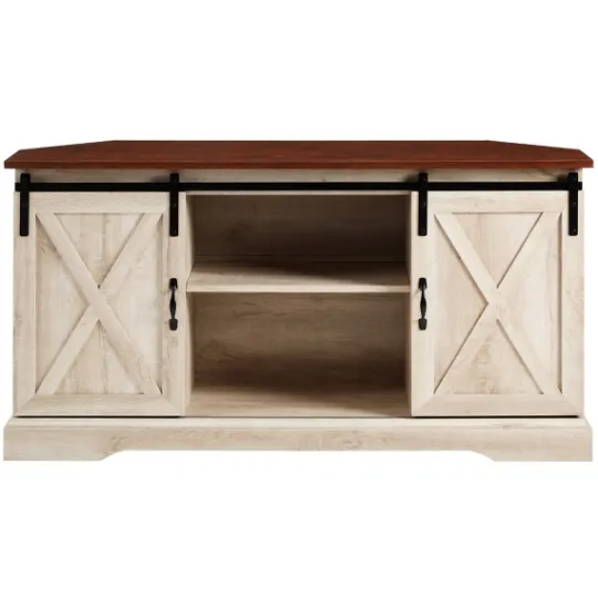Kirkland's Home White Oak Sliding Barn Doors Corner Tv Stand- Tv Stands & Media Consoles