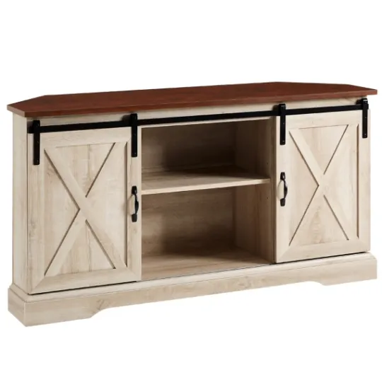 Kirkland's Home White Oak Sliding Barn Doors Corner Tv Stand- Tv Stands & Media Consoles