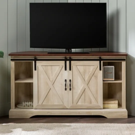 Kirkland's Home White Oak Sliding Barn Doors Corner Tv Stand- Tv Stands & Media Consoles