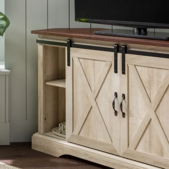 Kirkland's Home White Oak Sliding Barn Doors Corner Tv Stand- Tv Stands & Media Consoles