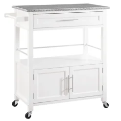 Kirkland's Home White Parker Granite Top Rolling Kitchen Cart- Kitchen Islands & Bar Carts