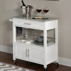 Kirkland's Home White Parker Granite Top Rolling Kitchen Cart- Kitchen Islands & Bar Carts