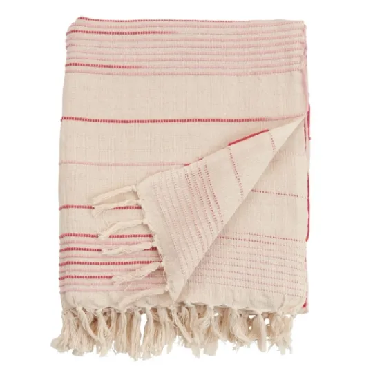 Kirkland's Home White Pink Striped Fringe Throw Blanket- Blankets & Throws