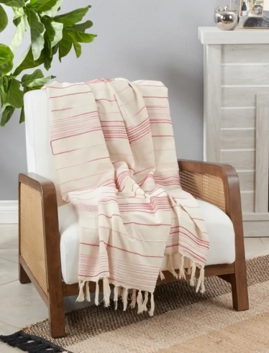 Kirkland's Home White Pink Striped Fringe Throw Blanket- Blankets & Throws