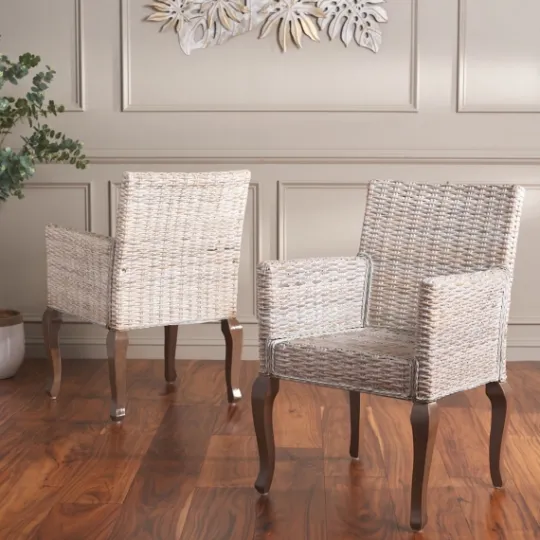 Kirkland's Home White Rattan Curved Legs Dining Chairs, Set Of 2- Dining Chairs