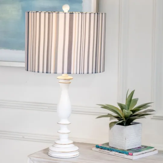 Kirkland's Home White Resin Table Lamp With Blue Stripe Shade- Table Lamps