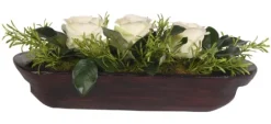 Kirkland's Home White Rose Arrangement In Wooden Dough Bowl- Arrangements & Greenery