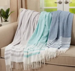 Kirkland's Home White Stripe Throw Blanket With Fringe- Blankets & Throws