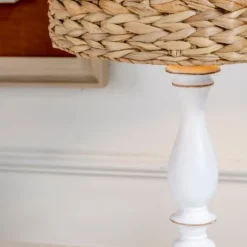 Kirkland's Home White Table Lamp With Hand Woven Raffia Shade- Table Lamps