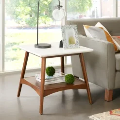 Kirkland's Home White Top And Pecan Wood Mid-Century Modern Table- Accent & End Tables
