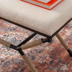 Kirkland's Home White Upholstered And Wrapped Rope Metal Bench- Dining Chairs