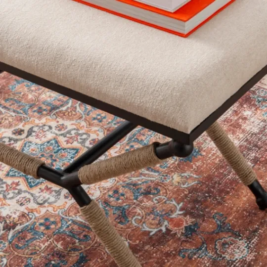 Kirkland's Home White Upholstered And Wrapped Rope Metal Bench- Dining Chairs