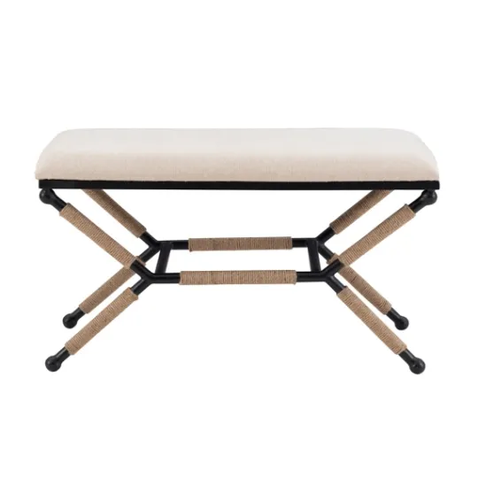 Kirkland's Home White Upholstered And Wrapped Rope Metal Bench- Dining Chairs