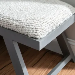 Kirkland's Home White Upholstered Seat And Blue Wood Bench- Benches & Ottomans