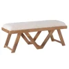 Kirkland's Home White Upholstered Seat And Tan Wood Bench- Benches & Ottomans
