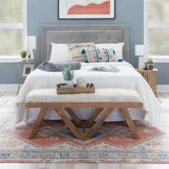 Kirkland's Home White Upholstered Seat And Tan Wood Bench- Benches & Ottomans