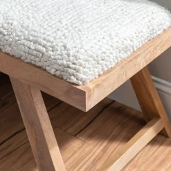 Kirkland's Home White Upholstered Seat And Tan Wood Bench- Benches & Ottomans