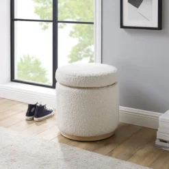 Kirkland's Home White Upholstered Wood Trim Ottoman- Benches & Ottomans