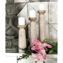 Kirkland's Home White Washed Floral Wood Candle Holders, Set Of 3- Candle Holders