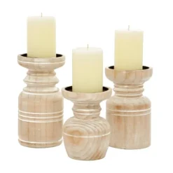 Kirkland's Home White Washed Wood Carved Candle Holders, Set Of 3- Candle Holders