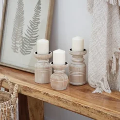 Kirkland's Home White Washed Wood Carved Candle Holders, Set Of 3- Candle Holders
