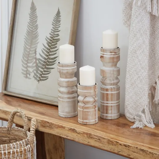 Kirkland's Home White Washed Wood Column Candle Holders, Set Of 3- Candle Holders
