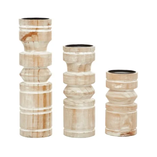 Kirkland's Home White Washed Wood Column Candle Holders, Set Of 3- Candle Holders